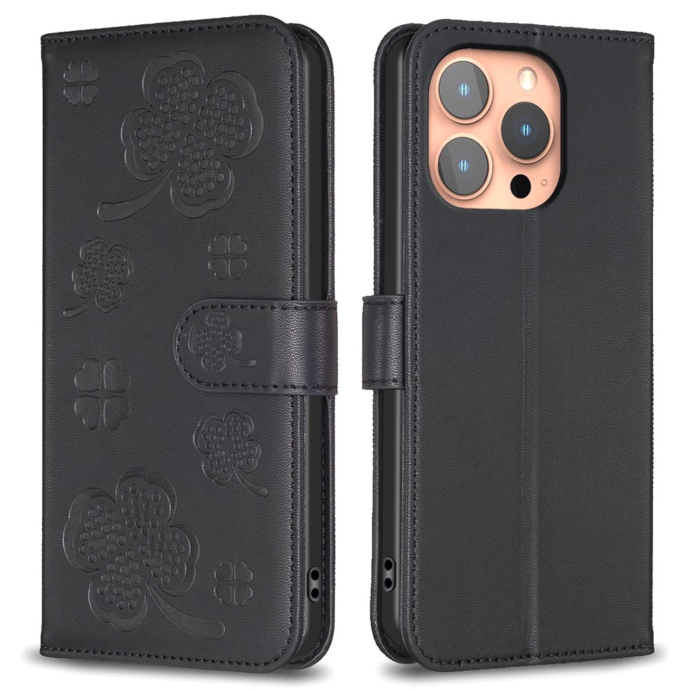  iPhone 16 Pro Fodral Fyrklöver Läder Svart