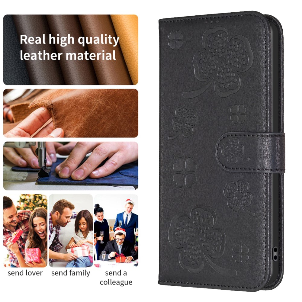  iPhone 16 Pro Fodral Fyrklöver Läder Svart
