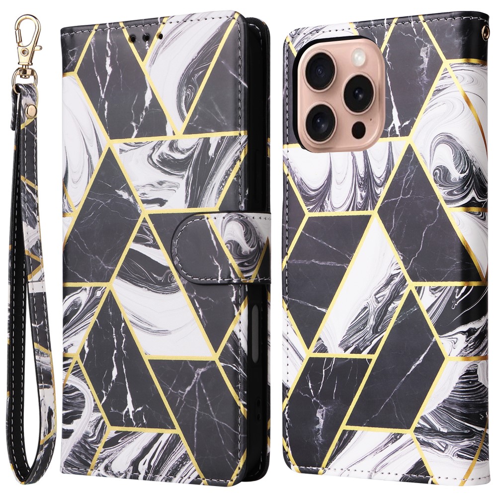  iPhone 16 Pro Fodral Läder Marmor Svart/Vit