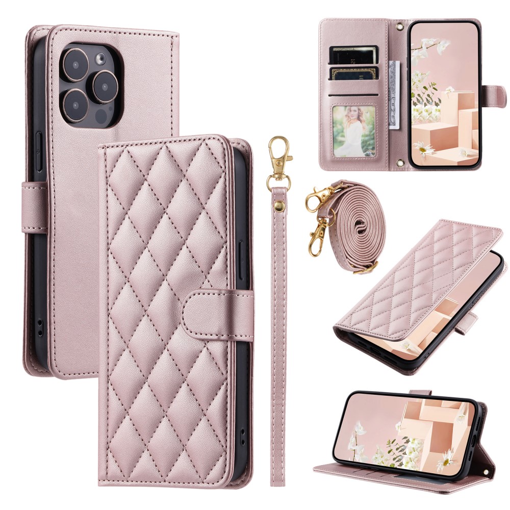  iPhone 16 Pro Fodral Rhombus Läder Roséguld
