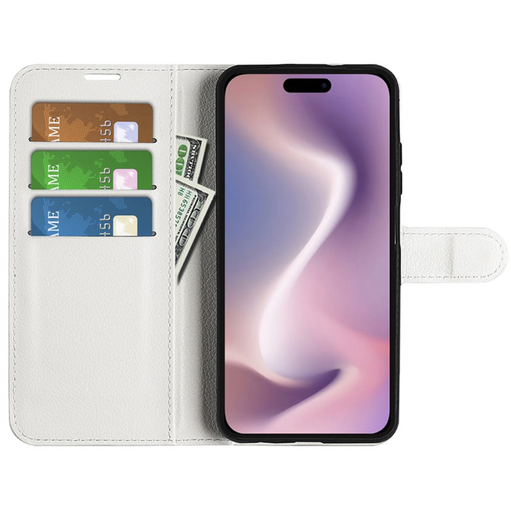  iPhone 16 Plus Fodral Litchi Läder Vit