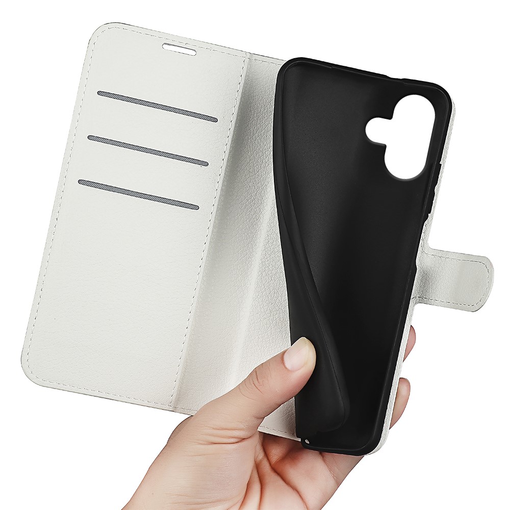  iPhone 16 Plus Fodral Litchi Läder Vit
