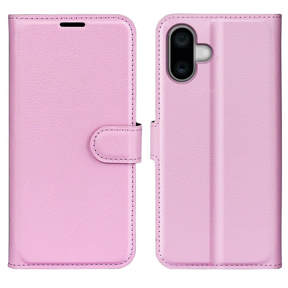  iPhone 16 Plus Fodral Litchi Läder Ljus Rosa