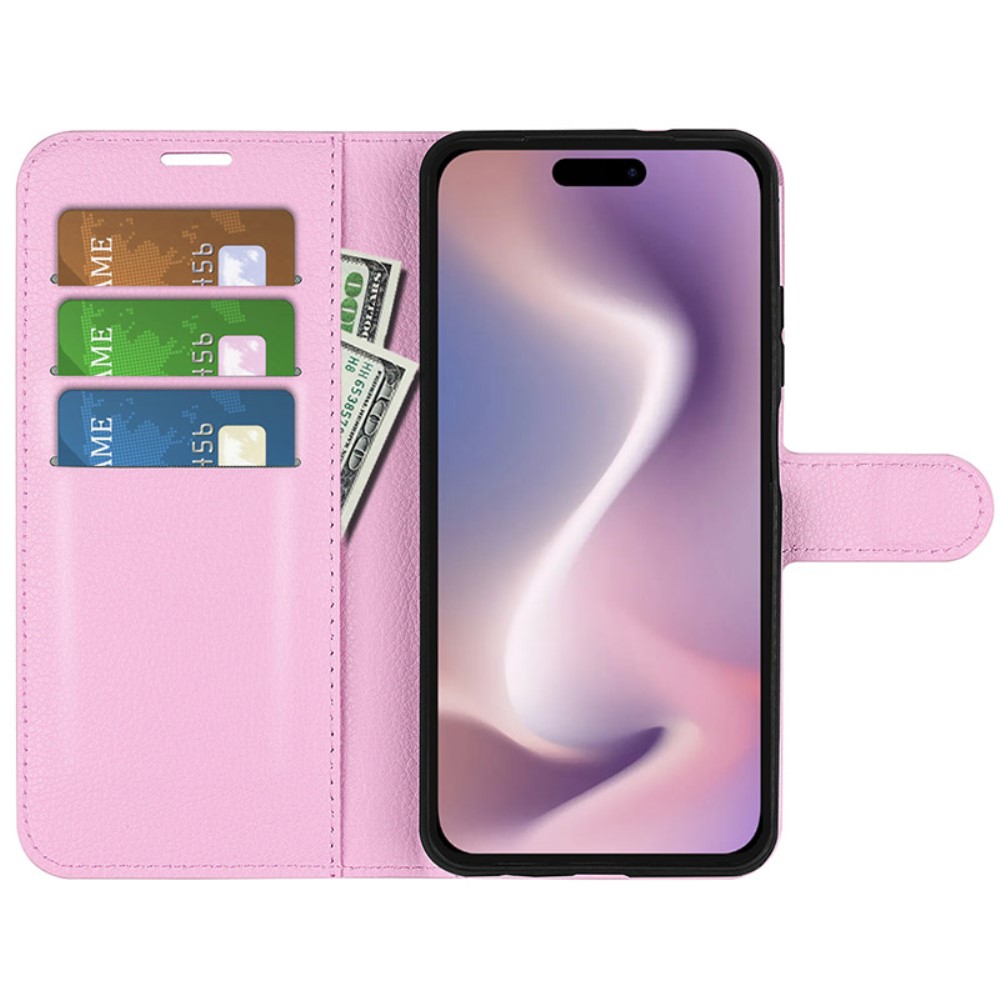  iPhone 16 Plus Fodral Litchi Läder Ljus Rosa