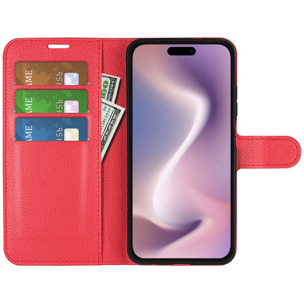  iPhone 16 Plus Fodral Litchi Läder Röd