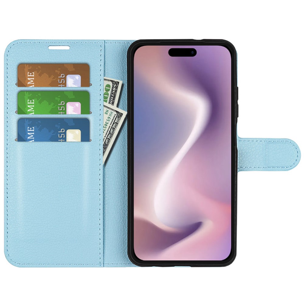  iPhone 16 Plus Fodral Litchi Läder Blå