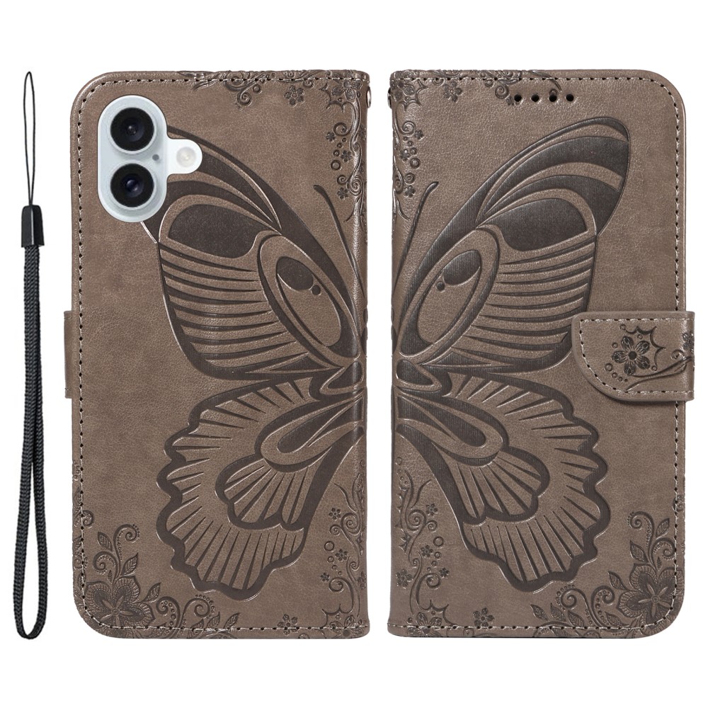  iPhone 16 Plus Fodral Med Fjäril Tryck Grå