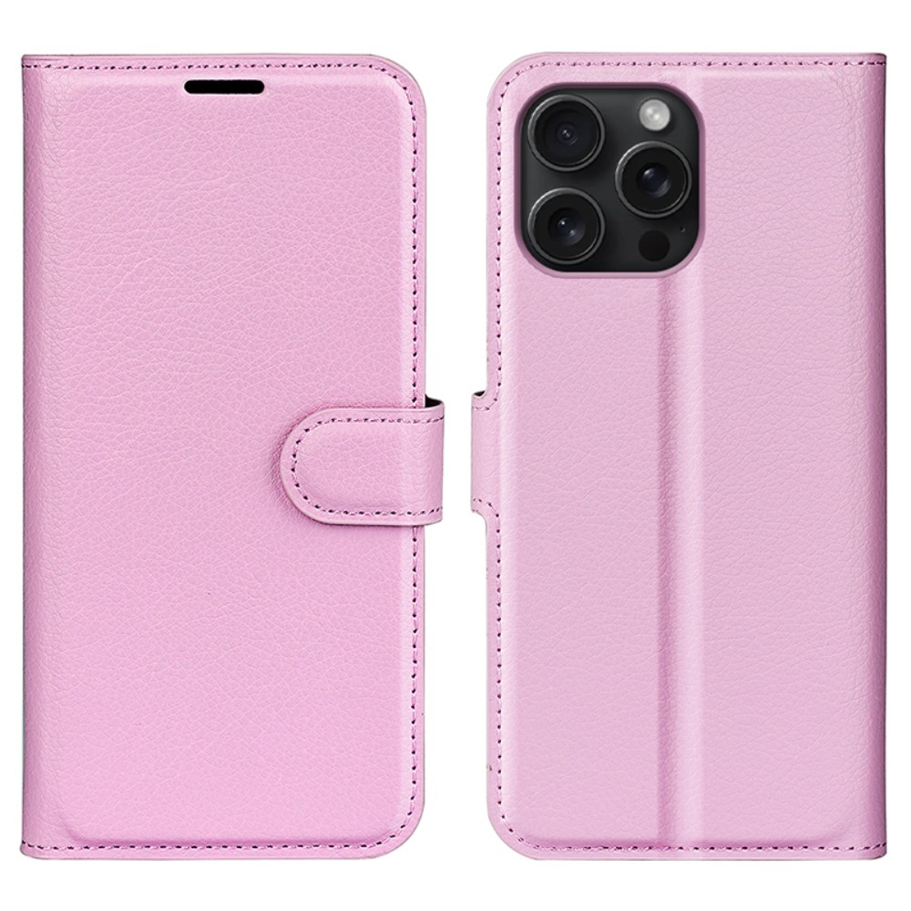  iPhone 16 Pro Max Fodral Litchi Läder Textur Ljus Rosa
