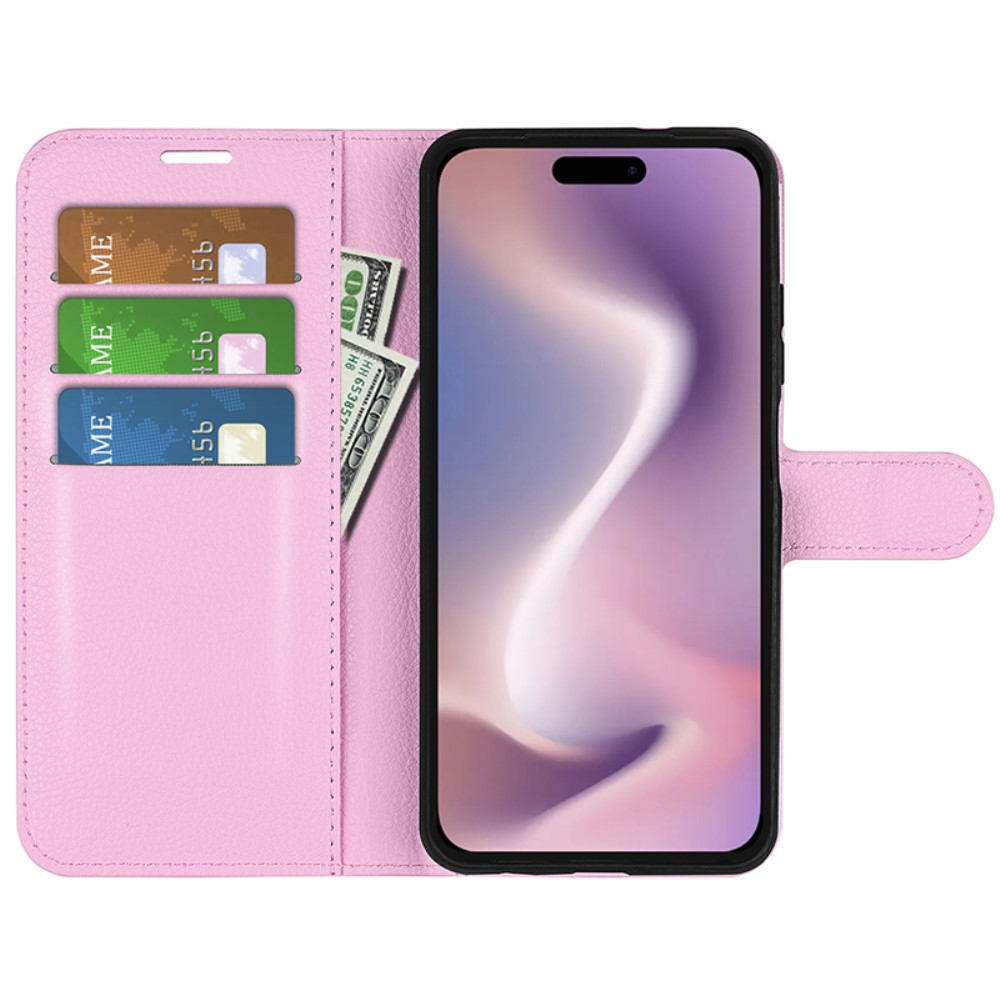  iPhone 16 Pro Max Fodral Litchi Läder Textur Ljus Rosa