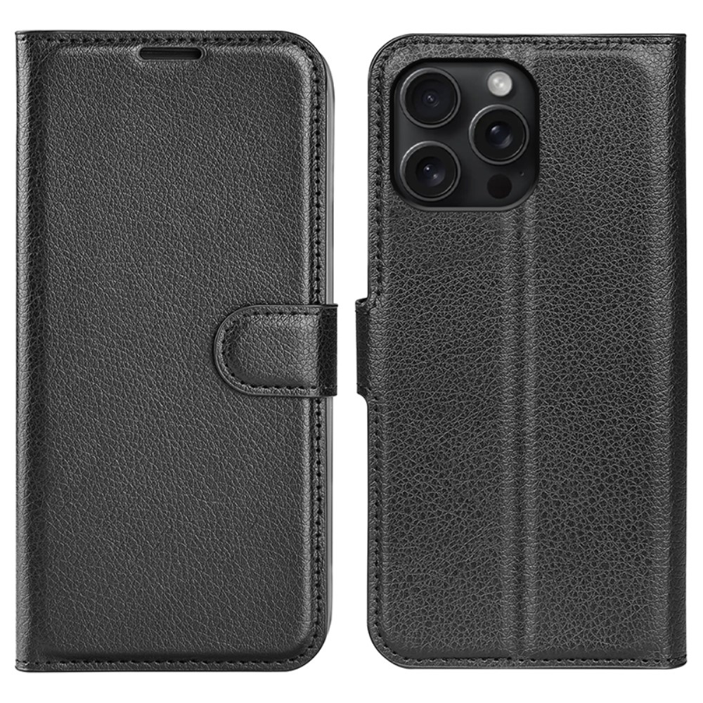  iPhone 16 Pro Max Fodral Litchi Läder Textur Svart