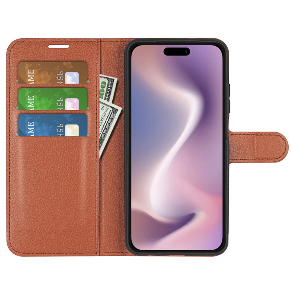  iPhone 16 Pro Max Fodral Litchi Läder Textur Brun