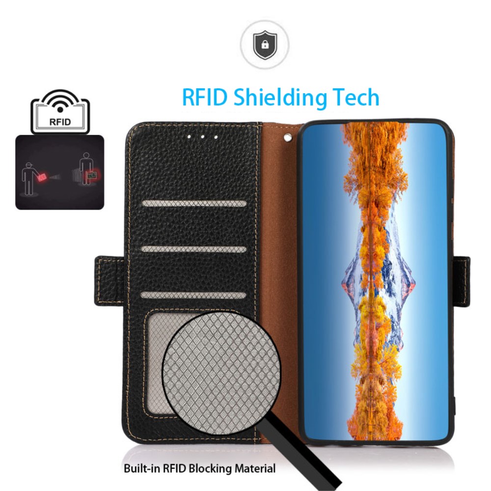 KHAZNEH KHAZNEH iPhone 16 Pro Max Fodral Äkta Läder Litchi Textur Svart