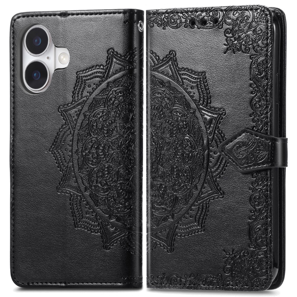  iPhone 16 Fodral Mandala Läder Svart