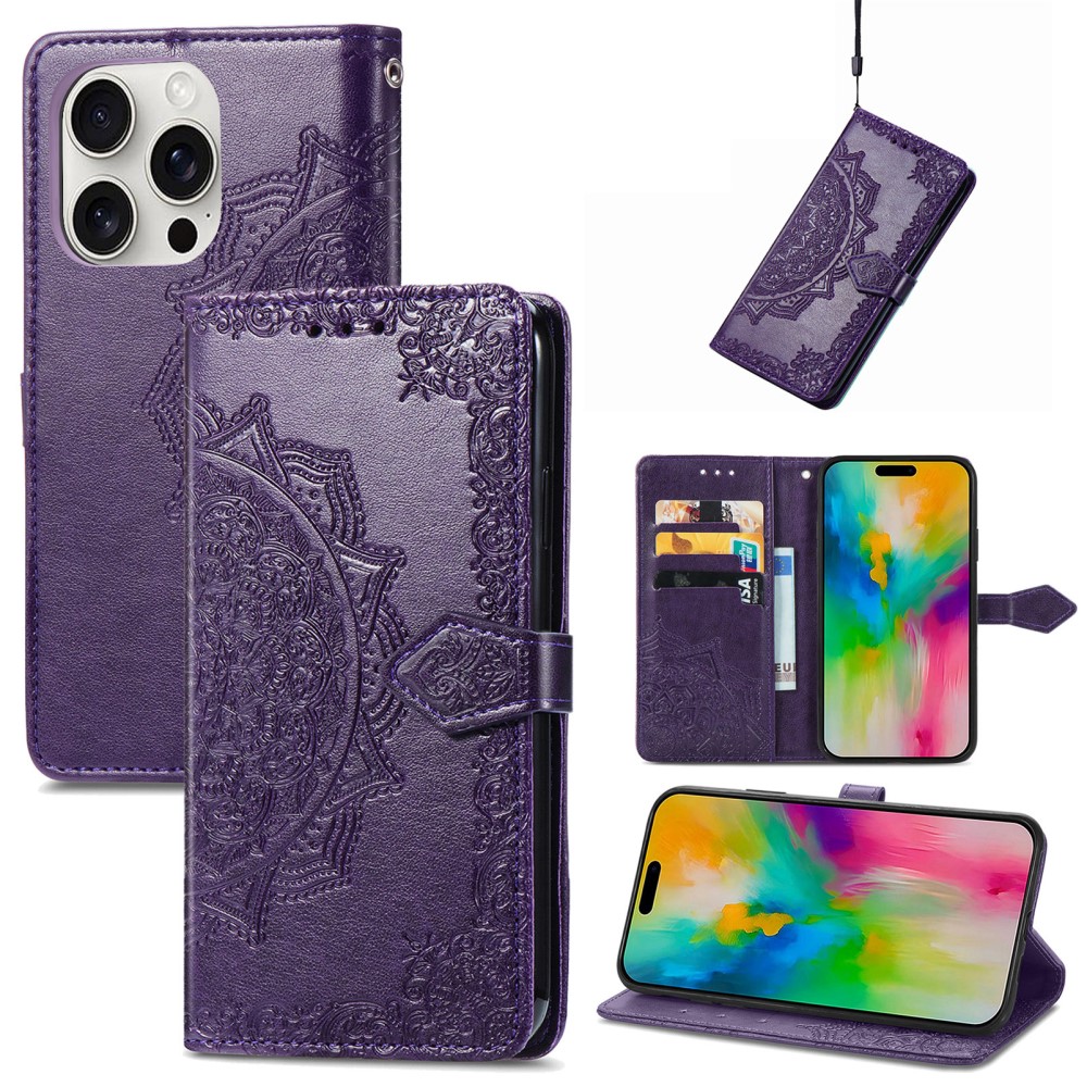 iPhone 16 Pro Fodral Mandala Läder Lila