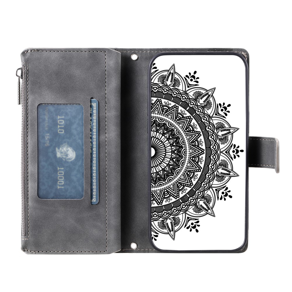  Google Pixel 9/9 Pro Fodral Mandala Blomma Läder Grå
