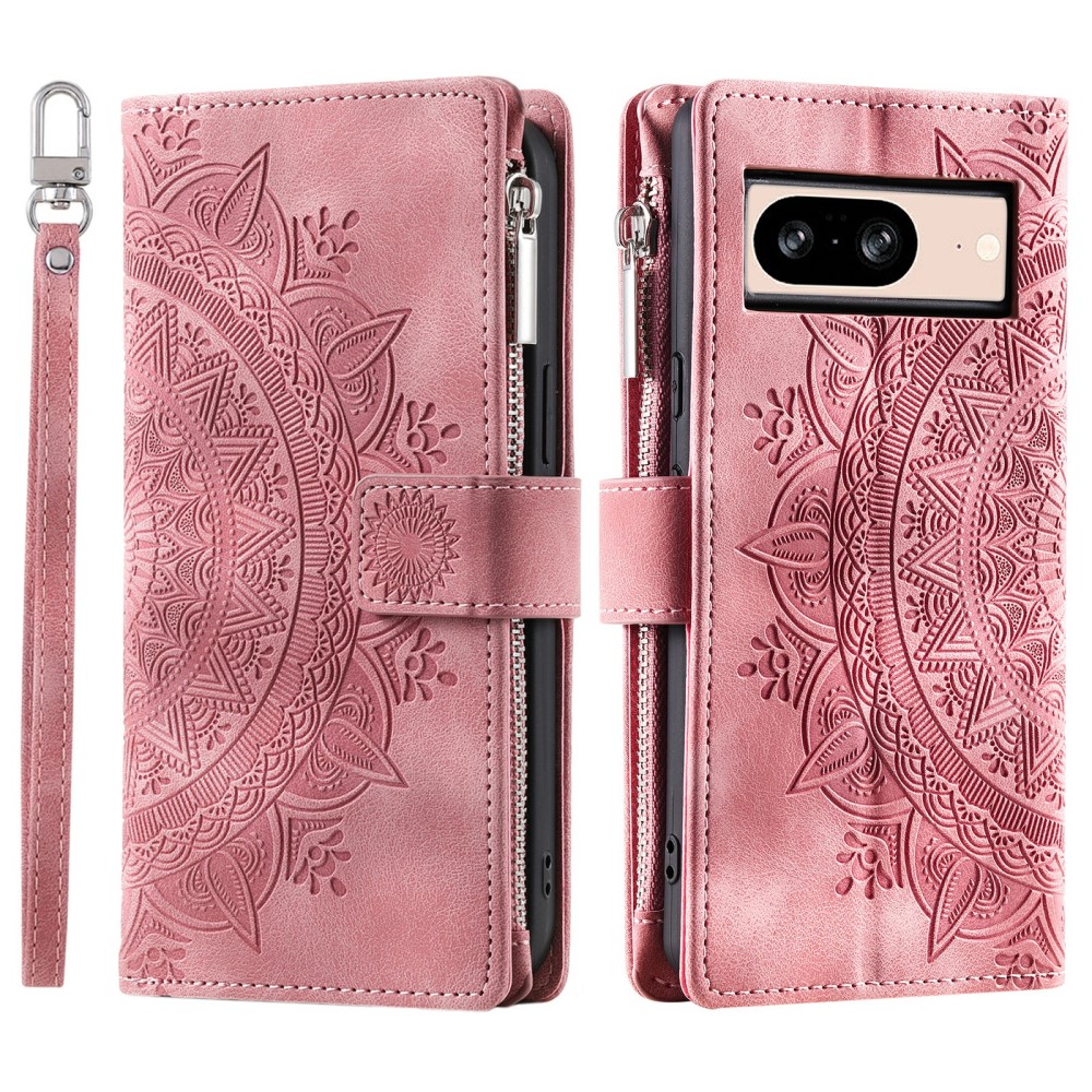  Google Pixel 9/9 Pro Fodral Mandala Blomma Läder Rosa