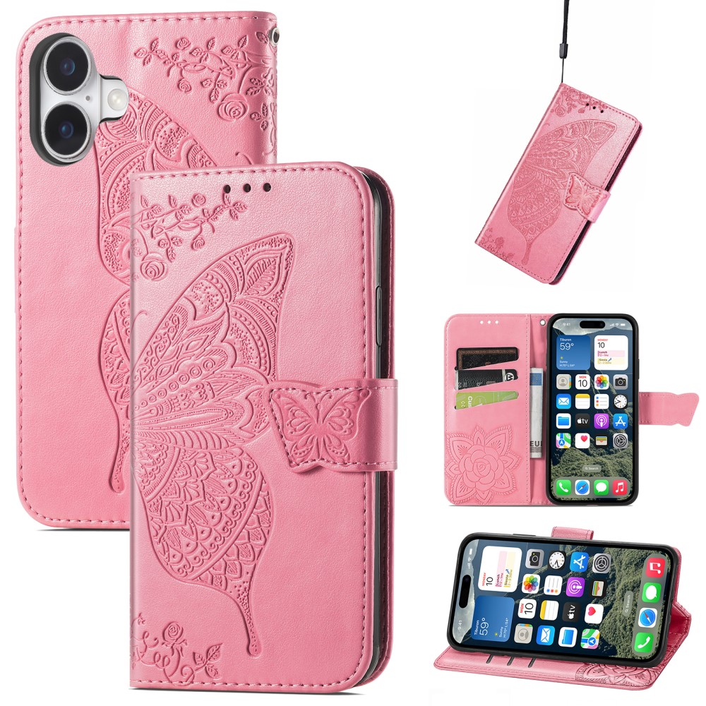  iPhone 16 Fodral Fjäril Tryck Rosa