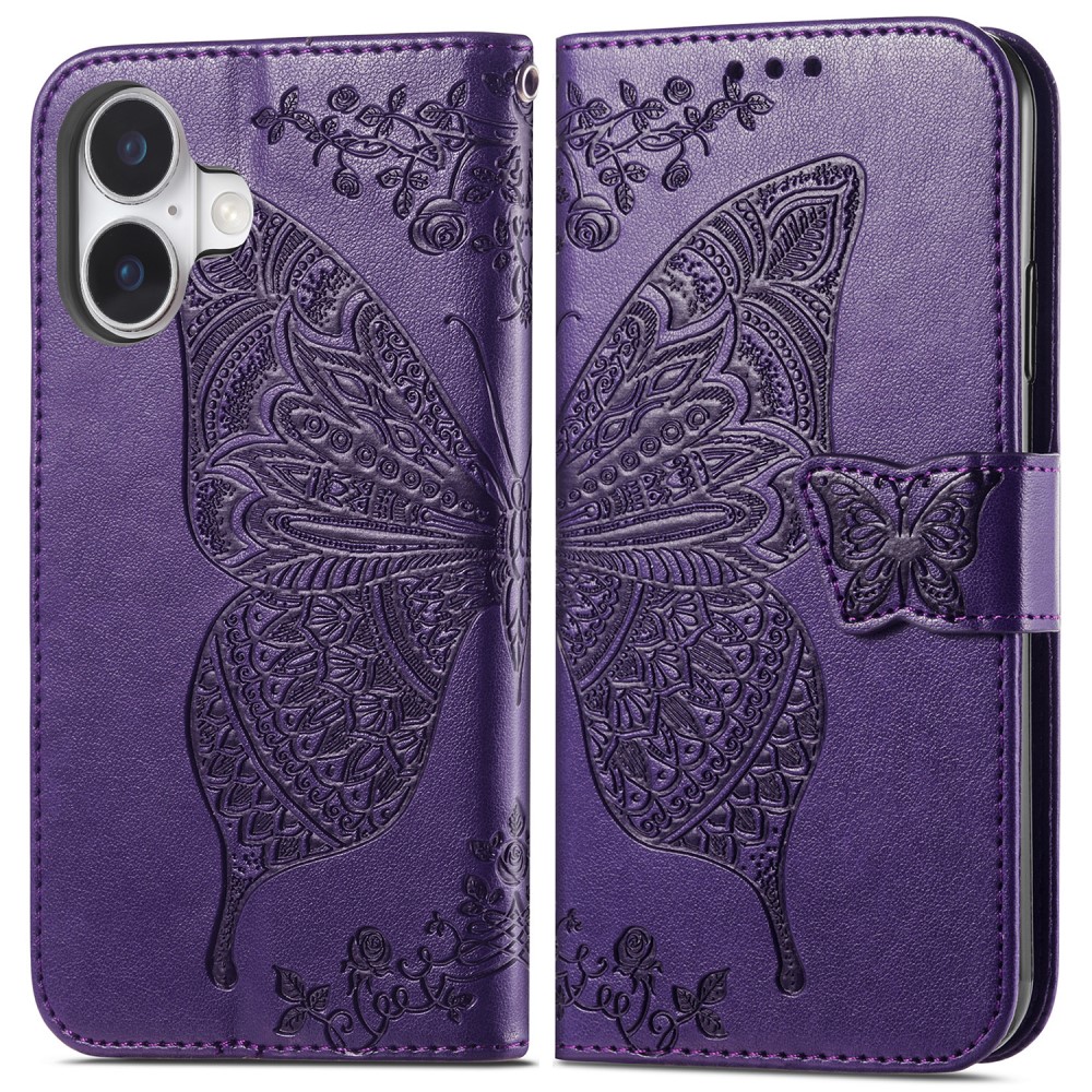  iPhone 16 Fodral Fjäril Tryck Mörk Lila