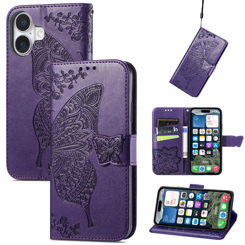  iPhone 16 Fodral Fjäril Tryck Mörk Lila
