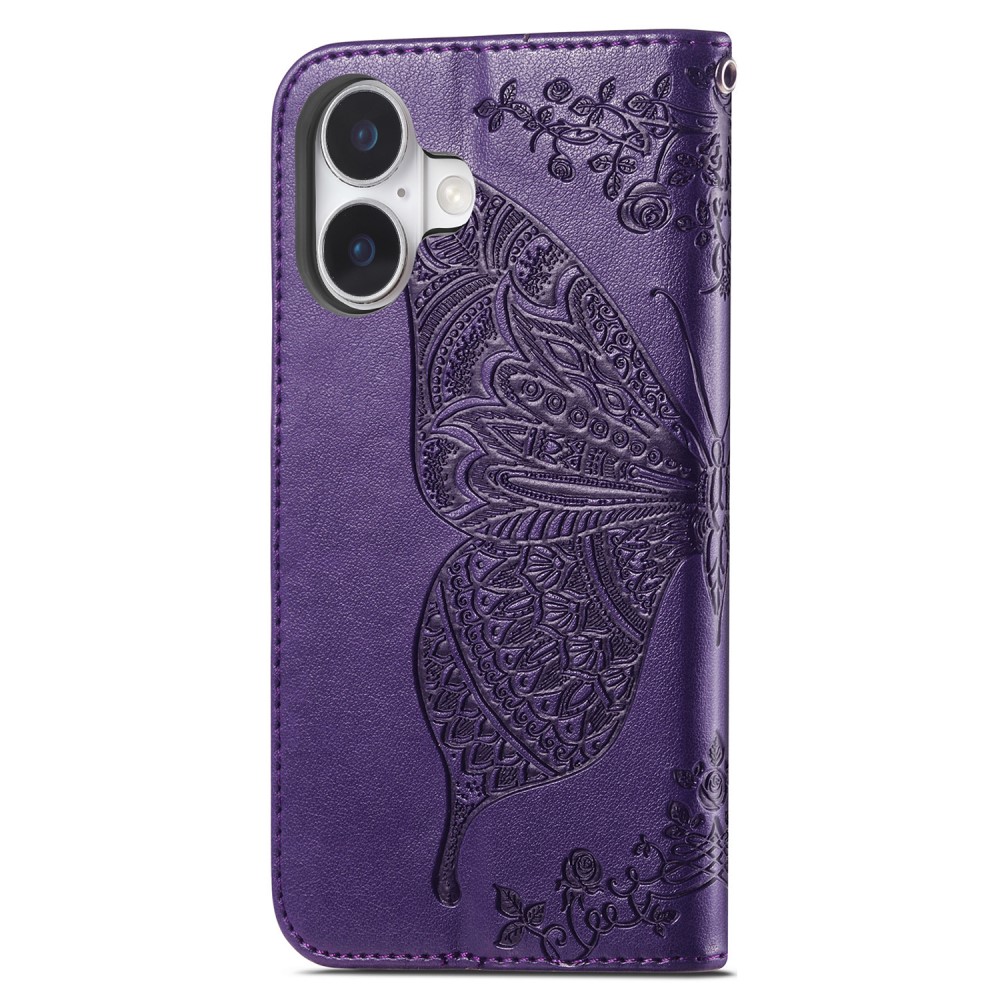  iPhone 16 Fodral Fjäril Tryck Mörk Lila