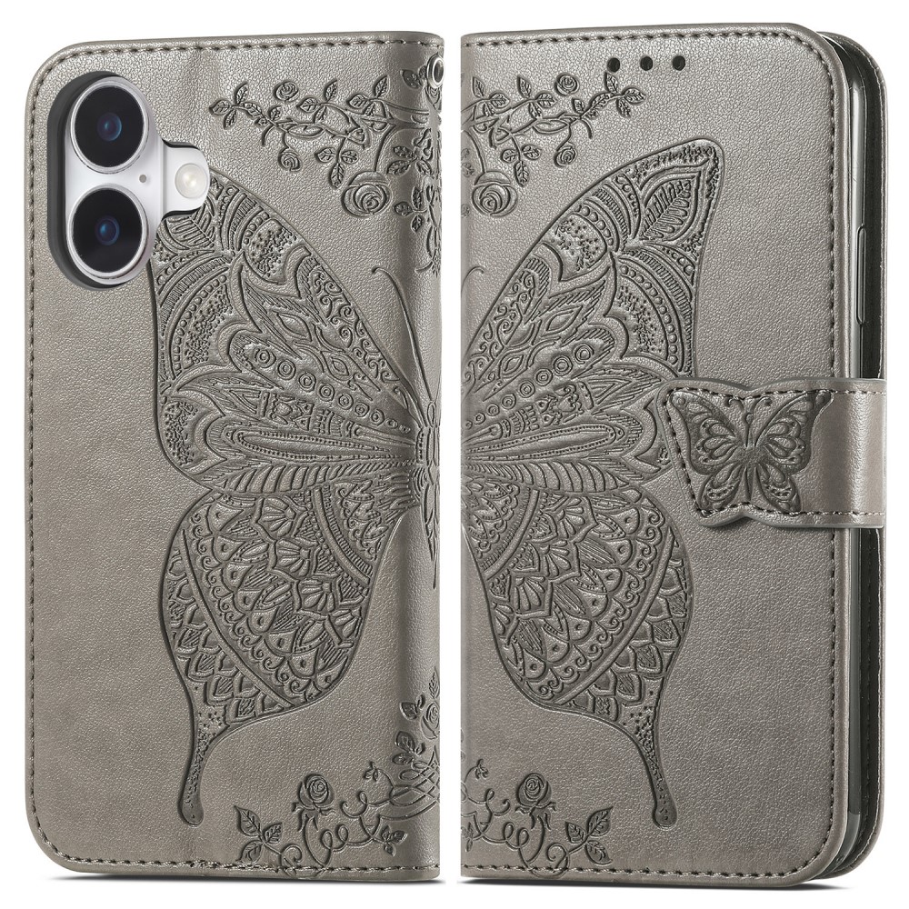  iPhone 16 Fodral Fjäril Tryck Grå