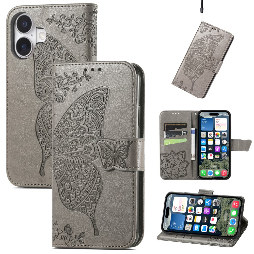  iPhone 16 Fodral Fjäril Tryck Grå