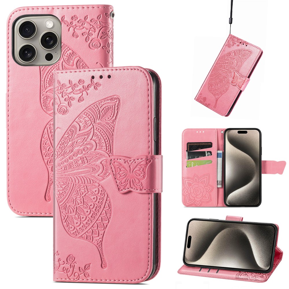  iPhone 16 Pro Max Fodral Med Fjäril Tryck Rosa