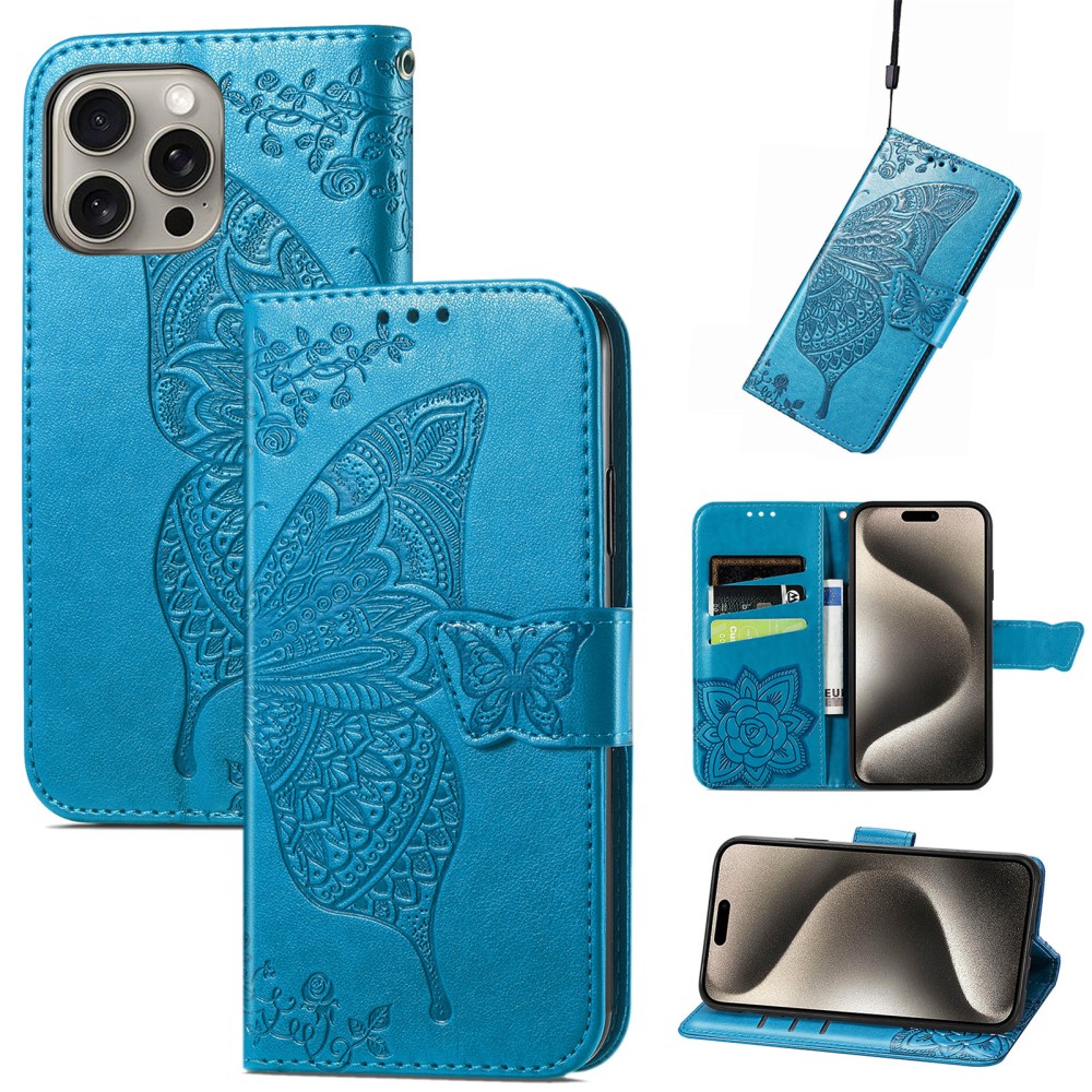  iPhone 16 Pro Max Fodral Med Fjäril Tryck Blå
