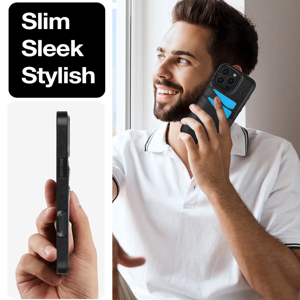  iPhone 16 Pro Skal Med Kortfack Läder Svart