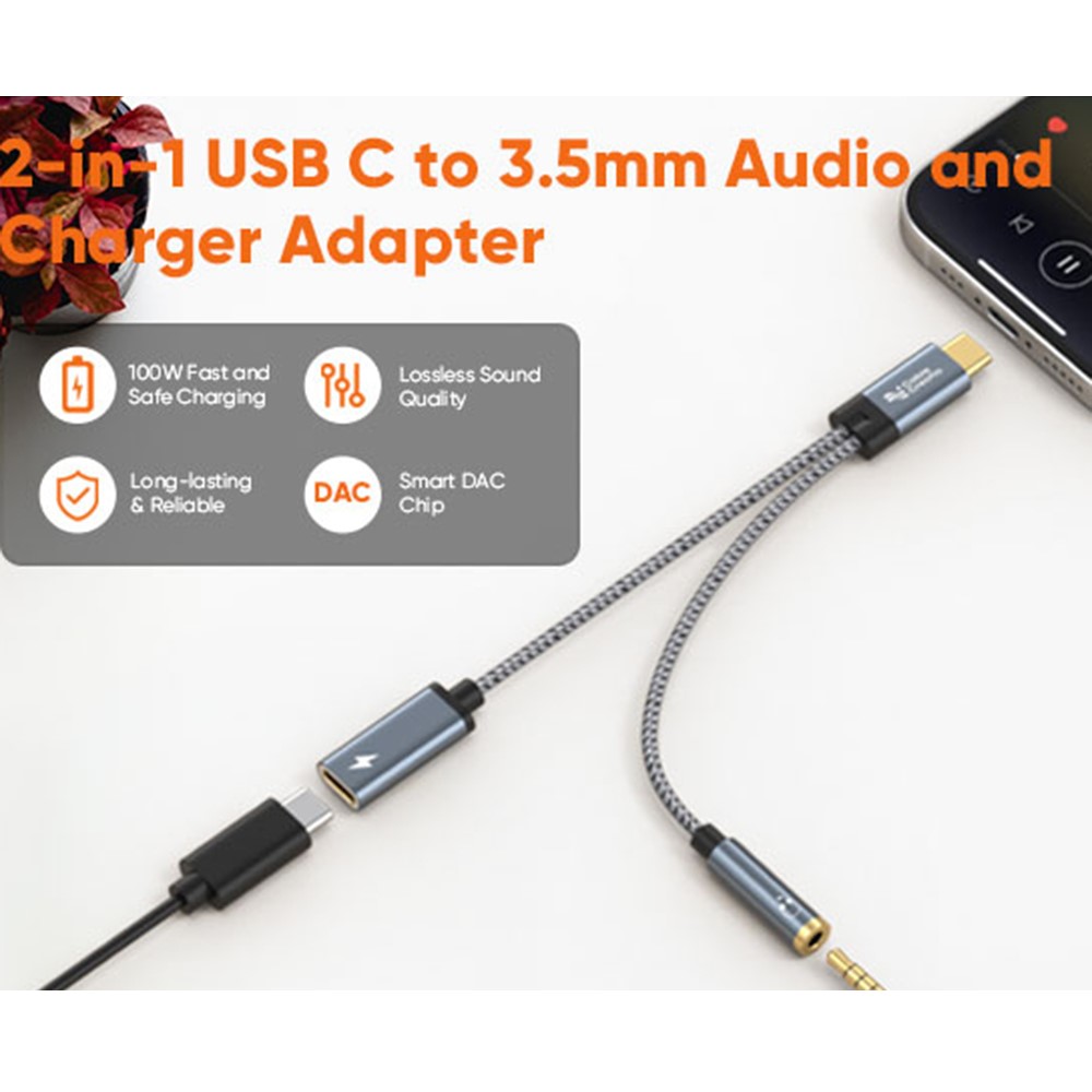 CableCreation CableCreation 60W PD 2in1 USB-C Till USB-C/AUX Adapter Grå