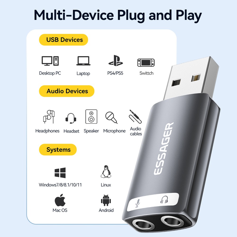 ESSAGER ESSAGER USB-A till 2x AUX 3.5mm Adapter