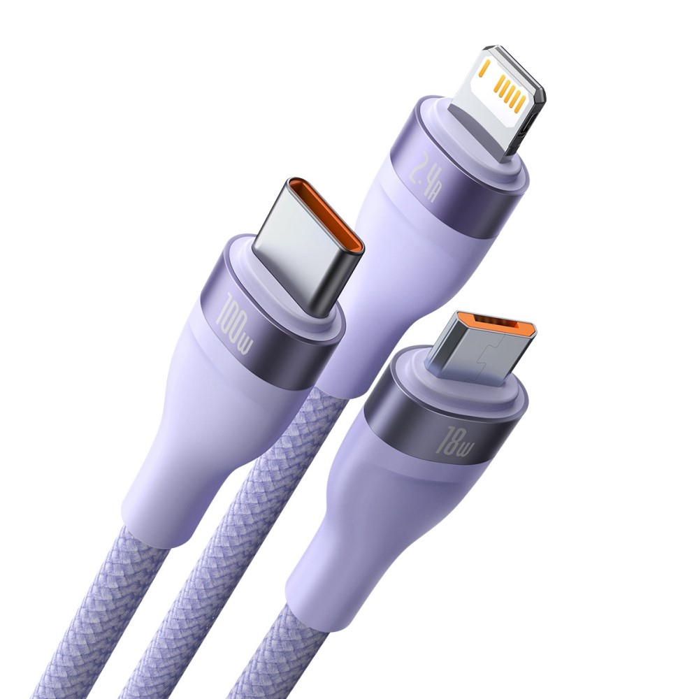 BASEUS BASEUS 1.2 m 100W 3in1 USB-C/Lightning/MicroUSB Lila
