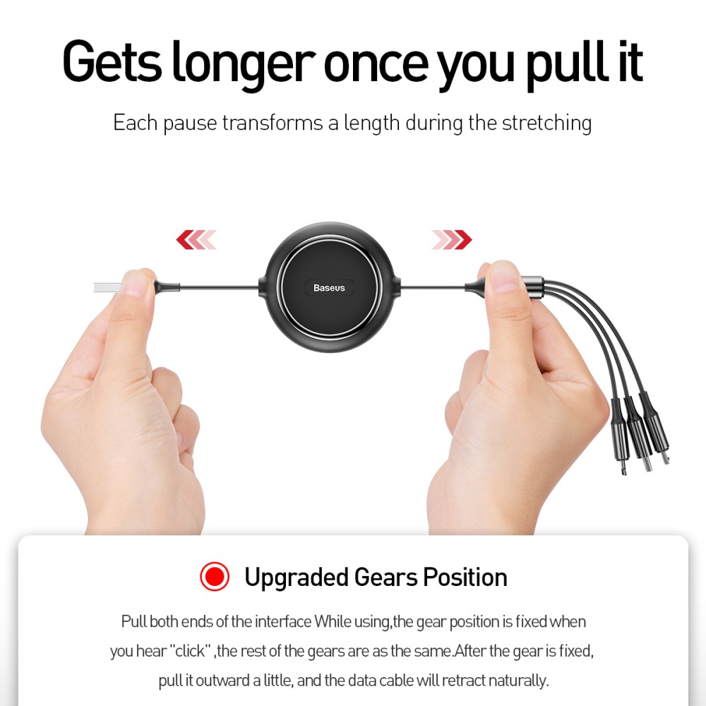 BASEUS Basues 1.2 m 3in1 USB-C / Lightning / MicroUSB Retractable Svart