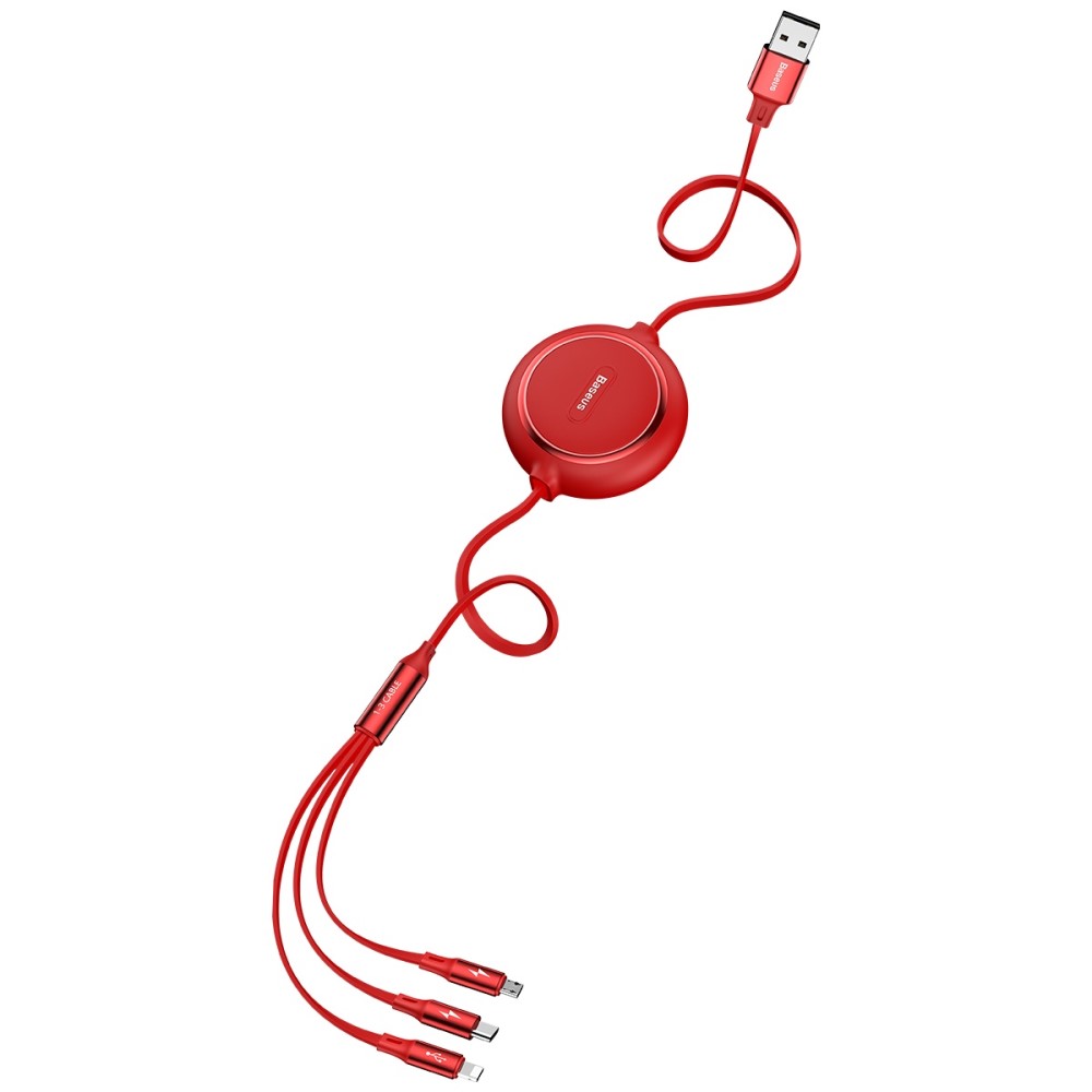 BASEUS Basues 1.2 m 3in1 USB-C / Lightning / MicroUSB Retractable Röd