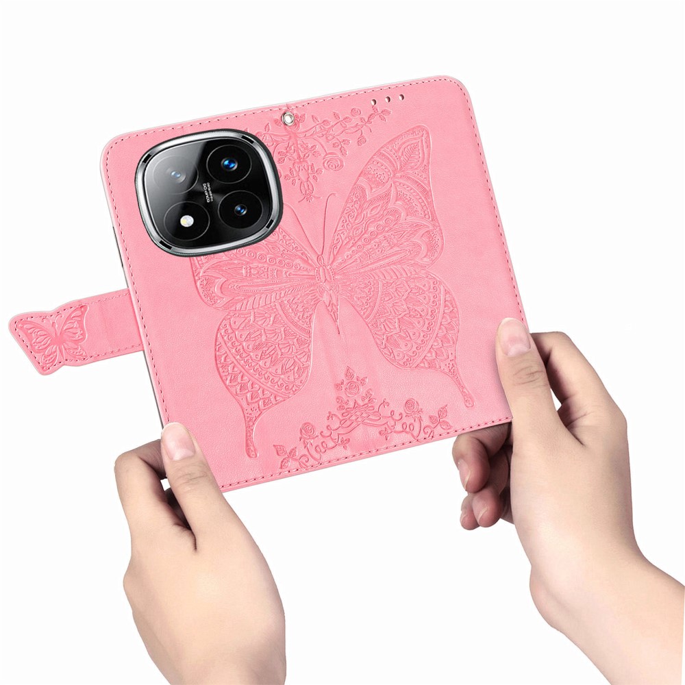  Xiaomi Redmi Note 14 Pro 5G Fodral Läder Fjäril Tryck Rosa