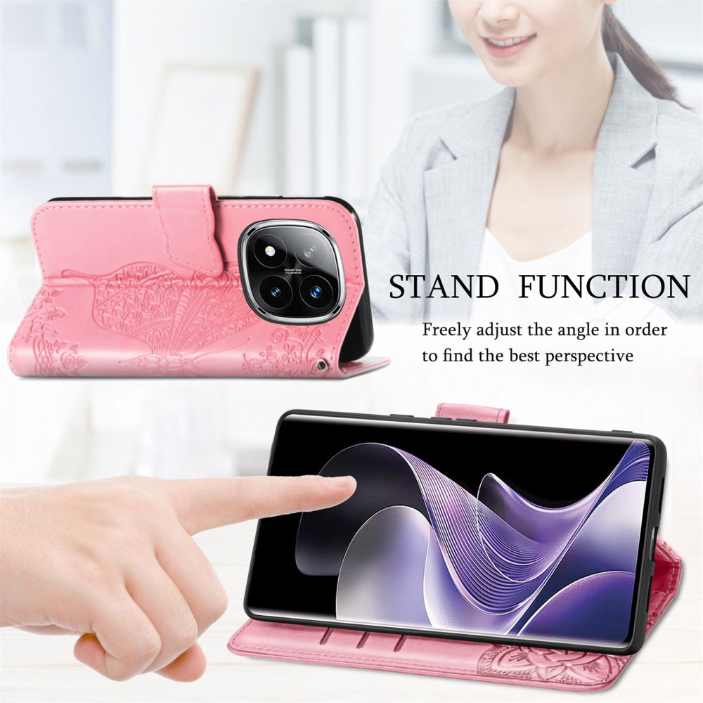  Xiaomi Redmi Note 14 Pro 5G Fodral Läder Fjäril Tryck Rosa