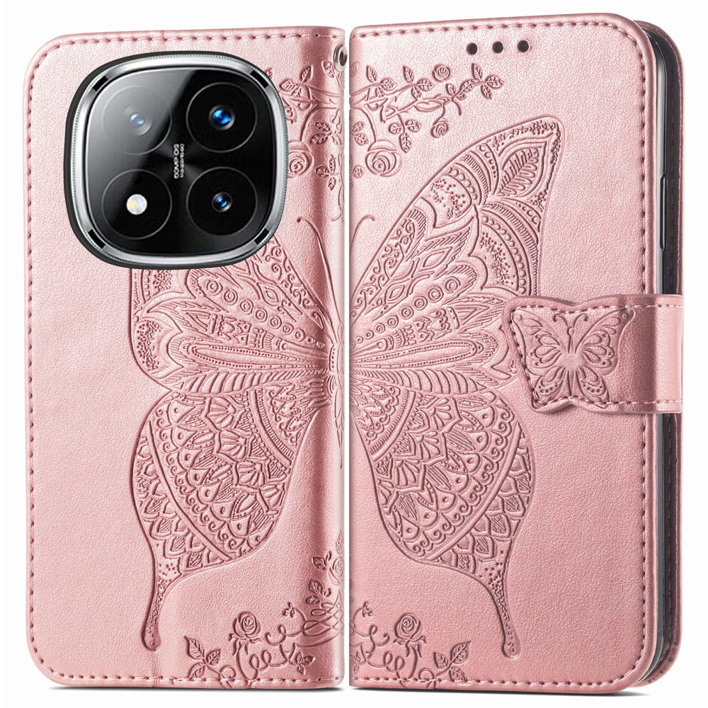 Xiaomi Redmi Note 14 Pro 5G Fodral Läder Fjäril Tryck Roséguld