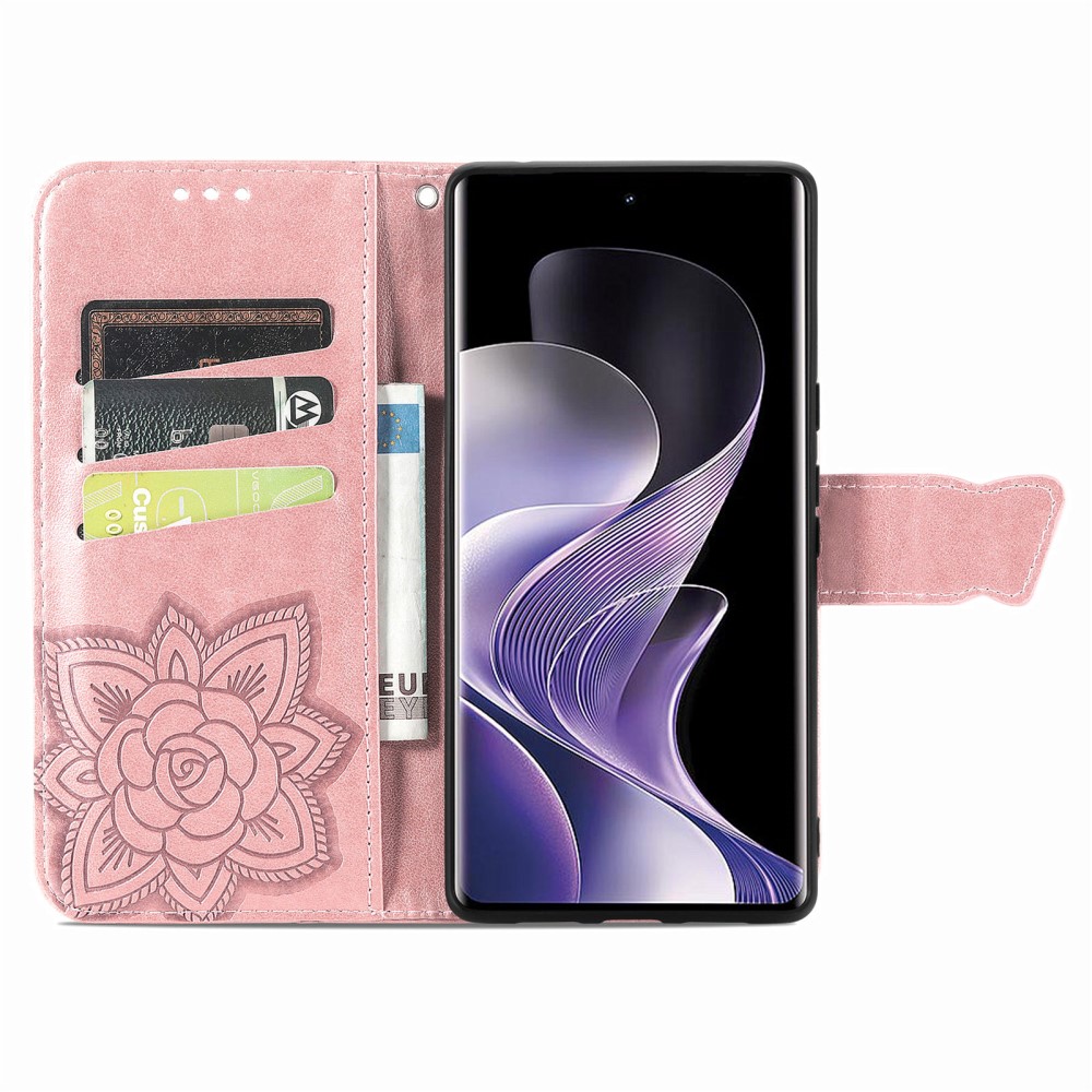  Xiaomi Redmi Note 14 Pro 5G Fodral Läder Fjäril Tryck Roséguld