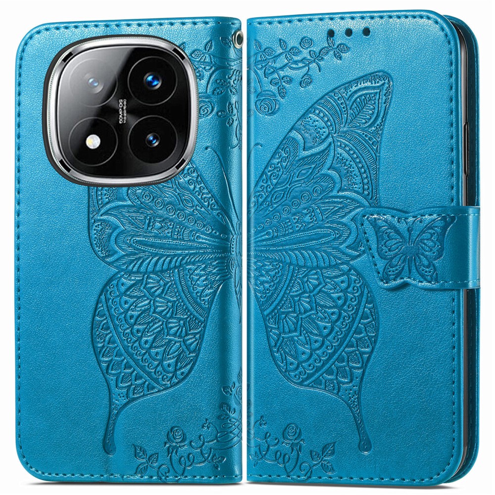  Xiaomi Redmi Note 14 Pro 5G Fodral Läder Fjäril Tryck Blå