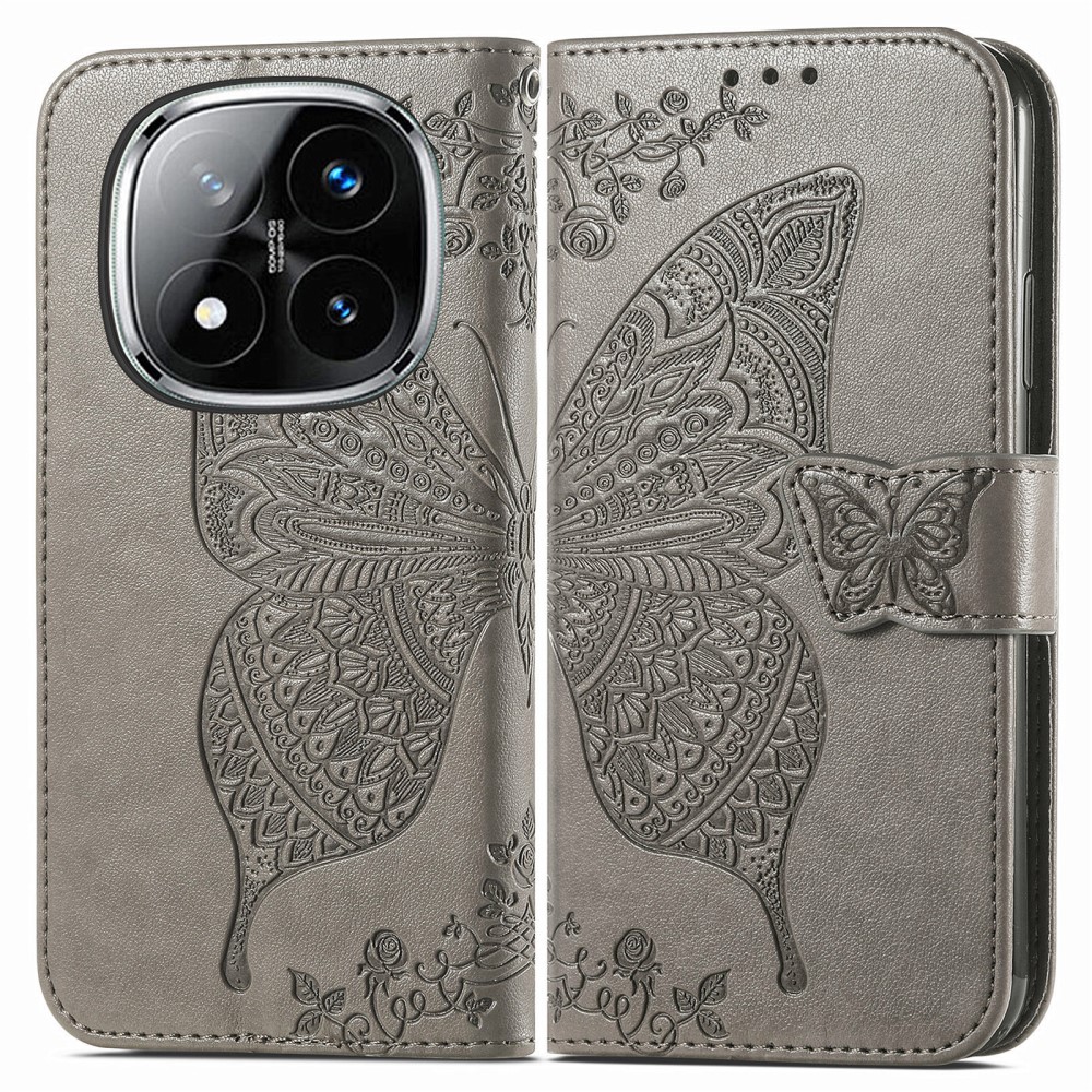  Xiaomi Redmi Note 14 Pro 5G Fodral Läder Fjäril Tryck Grå