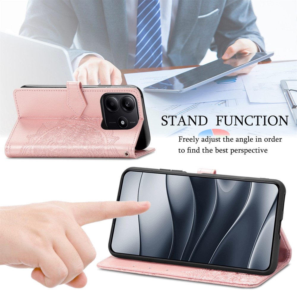  Xiaomi Redmi Note 14 5G Fodral Läder Mandala Tryck Roséguld