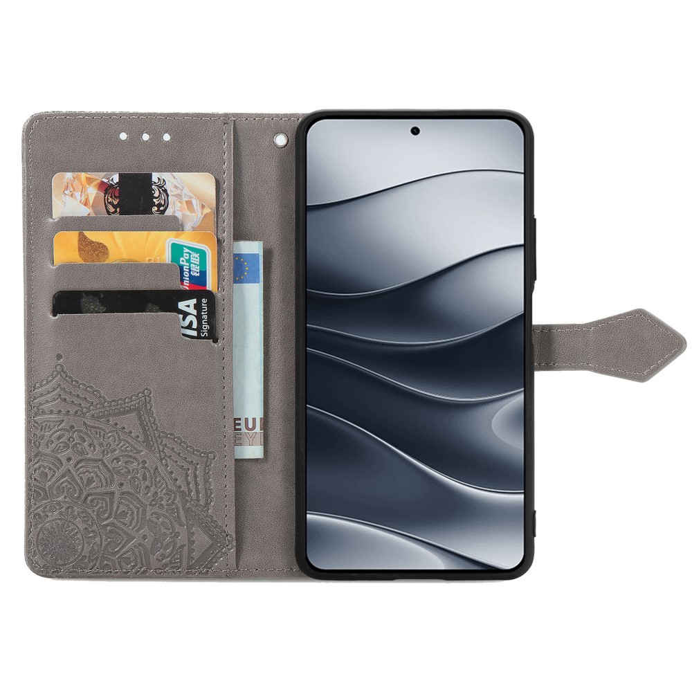  Xiaomi Redmi Note 14 5G Fodral Läder Mandala Tryck Grå