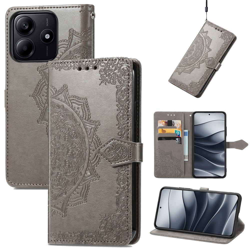  Xiaomi Redmi Note 14 5G Fodral Läder Mandala Tryck Grå