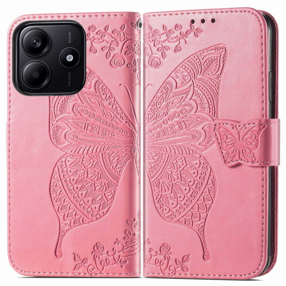  Xiaomi Redmi Note 14 5G Fodral Läder Fjäril Tryck Rosa