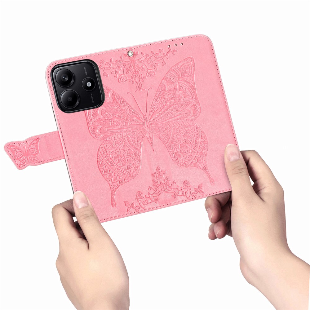  Xiaomi Redmi Note 14 5G Fodral Läder Fjäril Tryck Rosa