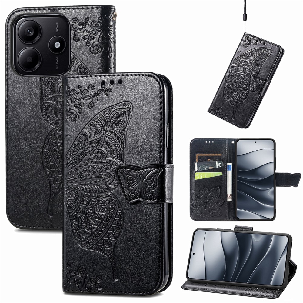  Xiaomi Redmi Note 14 5G Fodral Läder Fjäril Tryck Svart
