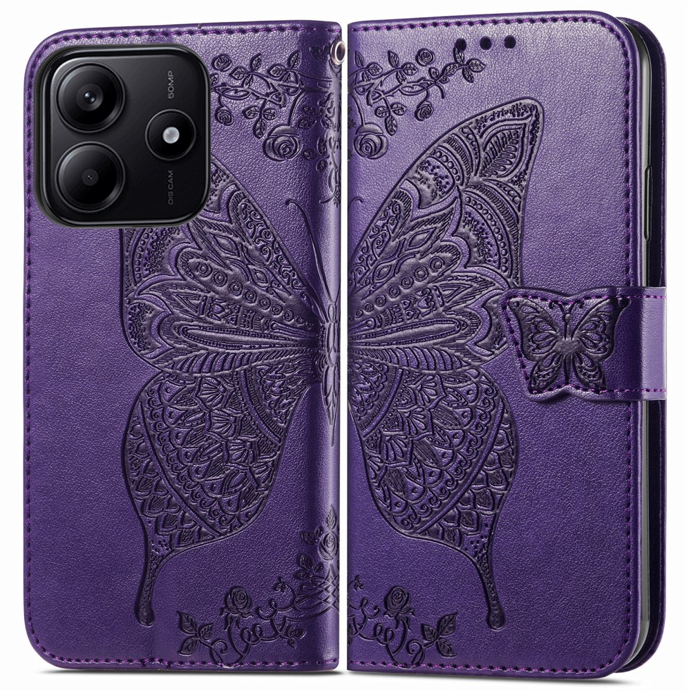  Xiaomi Redmi Note 14 5G Fodral Läder Fjäril Tryck Mörk Lila