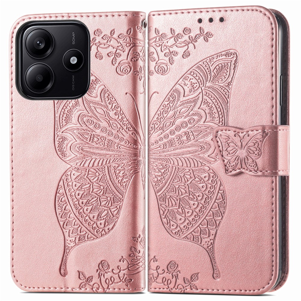  Xiaomi Redmi Note 14 5G Fodral Läder Fjäril Tryck Roséguld