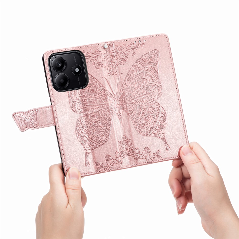  Xiaomi Redmi Note 14 5G Fodral Läder Fjäril Tryck Roséguld