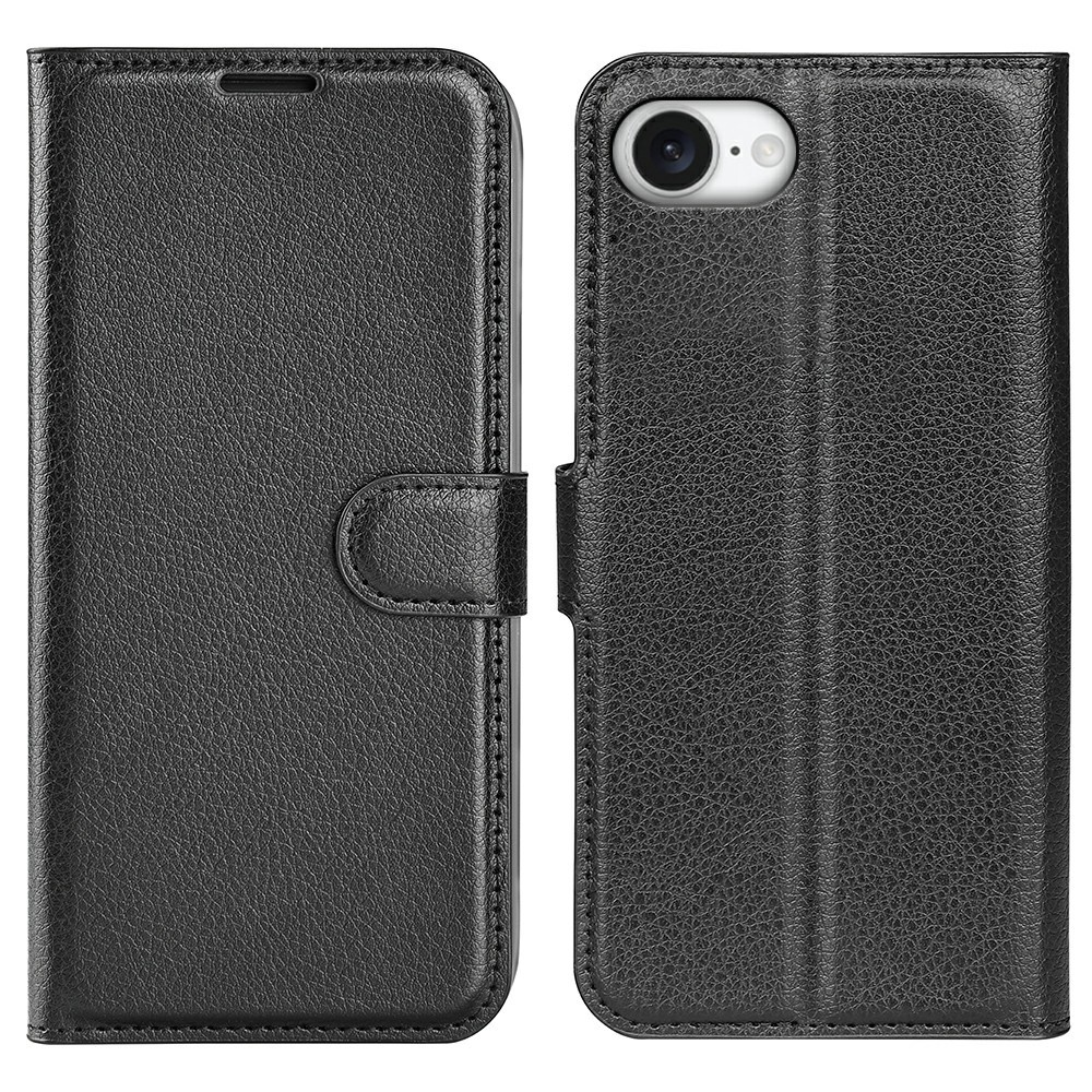  iPhone 17e / 16e Fodral Litchi Läder Svart